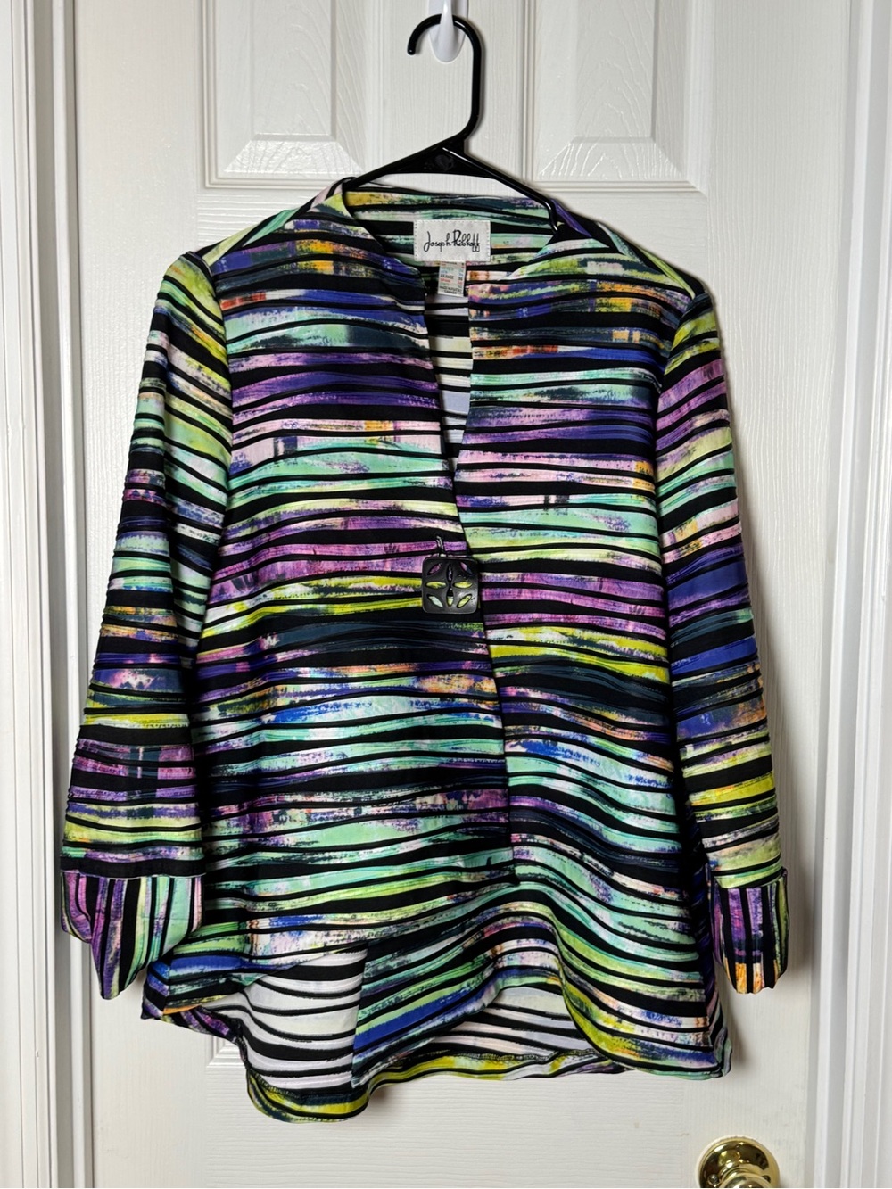 Joseph Ribkoff Asymmetrical One-Button Swing Jacket Watercolor Stripe Size 6